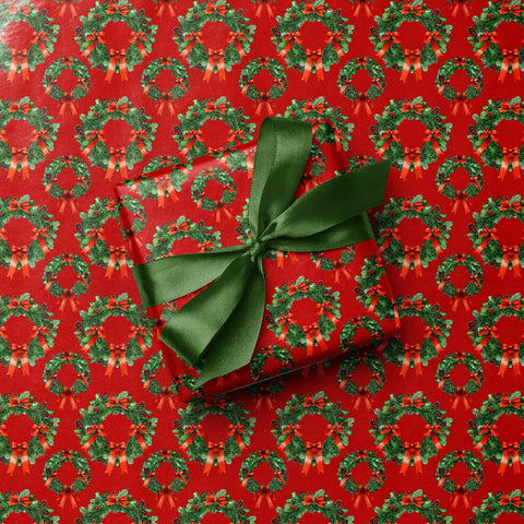 Luxury Festive Red Wreaths Tile Print Christmas Gift Wrap