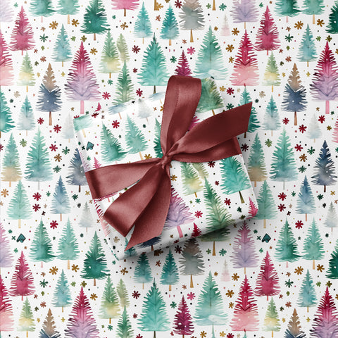 Watercolour Christmas Pines Festive Snowfall Trees Gift Wrap - Mulicolour