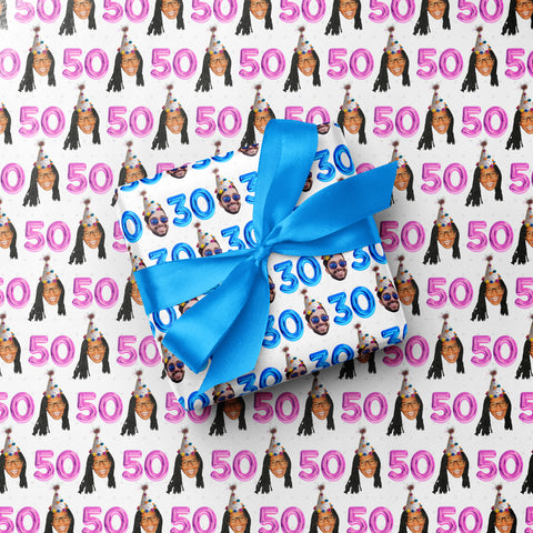 Personalised With ANY Face + Party Hat + Foil Balloons Novelty Polka Dot Gift Wrap