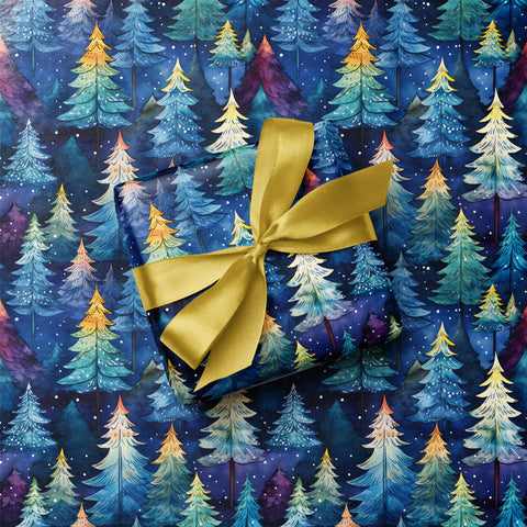 Midnight Christmas Pines Festive Snowfall Trees Gift Wrap - Blue Dusk