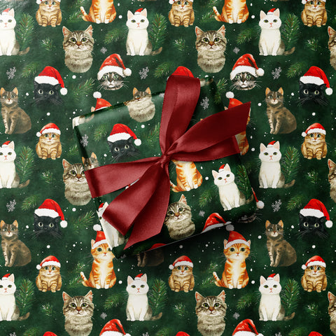 Festive Cats In Santa Hats Christmas Gift Wrap - Rich Green