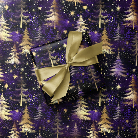 Midnight Christmas Pines Festive Snowfall Trees Gift Wrap - Purple & Gold