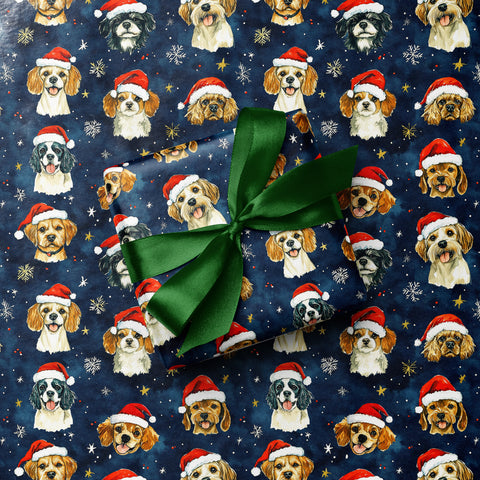 Festive Dogs In Santa Hats Christmas Gift Wrap - Deep Navy