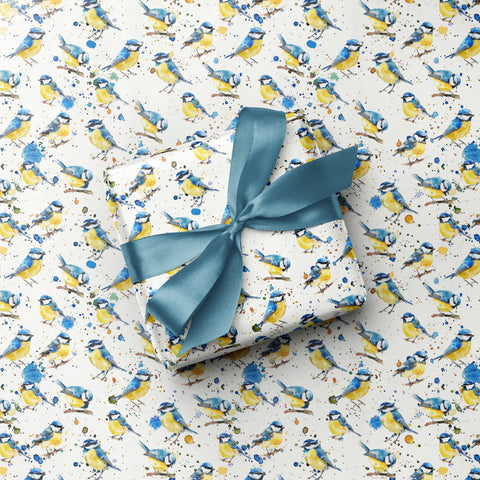 Birding Nature And Wildlife Bird Print Messy Watercolour Gift Wrap - Blue Tit