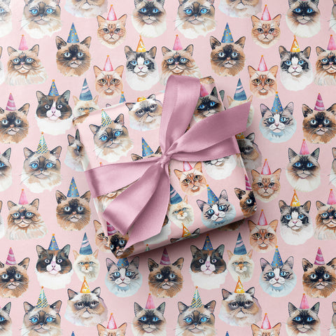 Party Cats Birthday Celebration Gift Wrap - Baby Pink