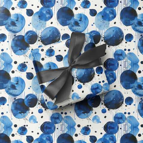 Cool Blue Watercolour Polka Splats Print Any Occasion Masculine Gift Wrap
