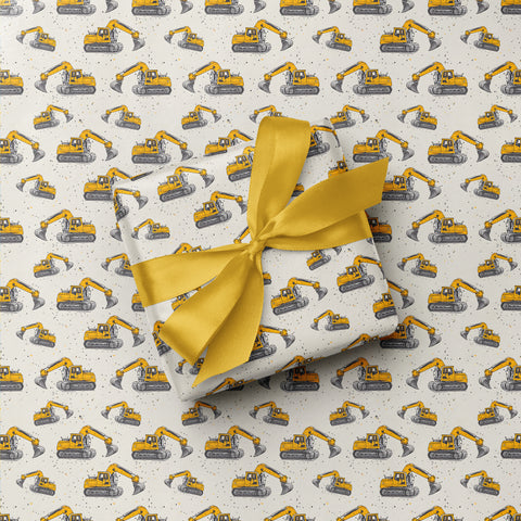 Hand-Drawn Diggers Excavator Any Occasion Tile Print Beige Gift Wrap