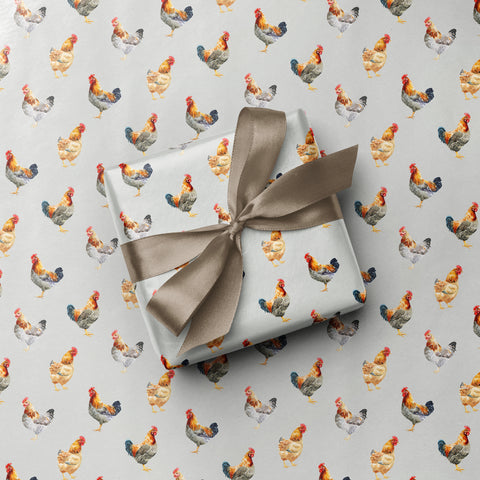 Rustic Chicken Hens Watercolour Illustrations Tile Print Any Occasion Grey Gift Wrap