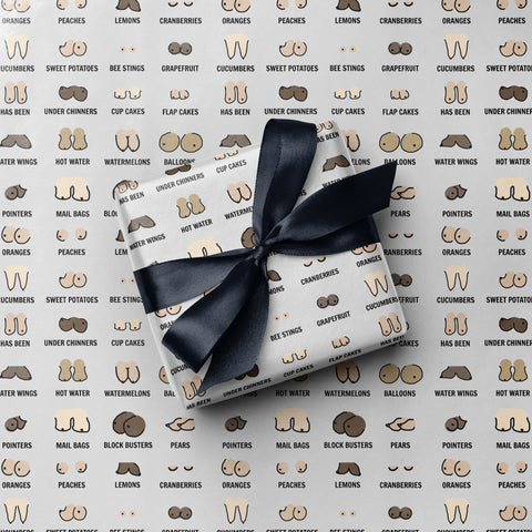 Hilarious 'Types of Boobs' Printed Wrapping Paper Cheeky Grey Gift Wrap